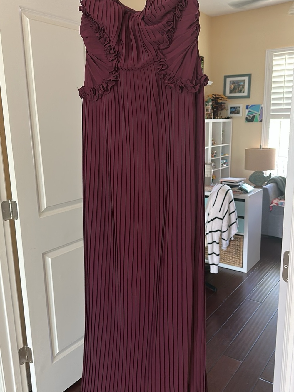Pleated Strapless Maxi Dress in Wine